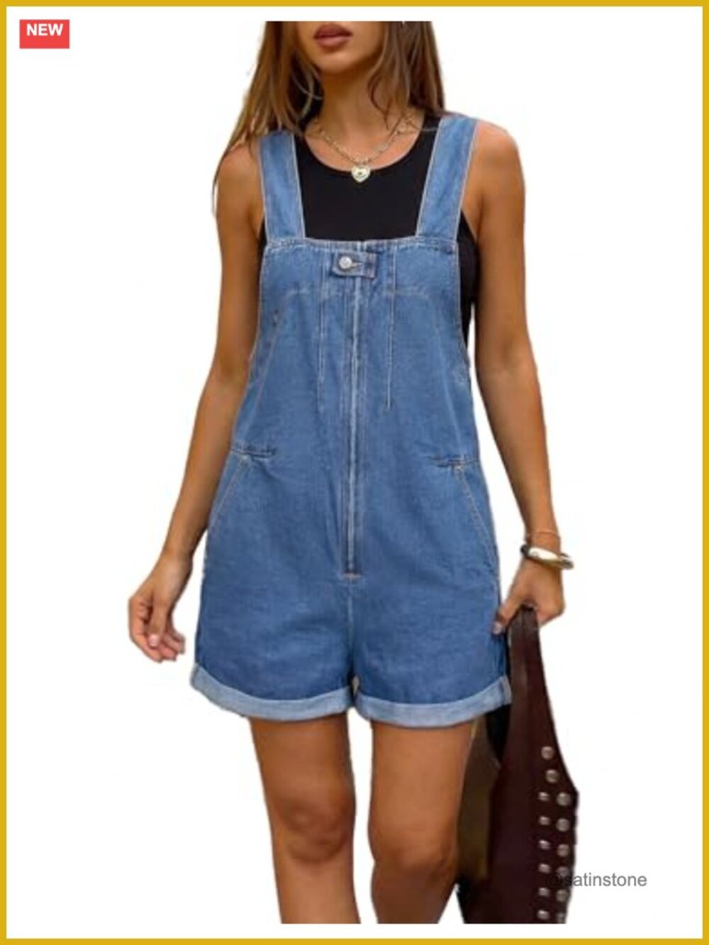 Women's Denim Overall Shorts Cuffed Hem Front Zip Square Neck Cotton Blend